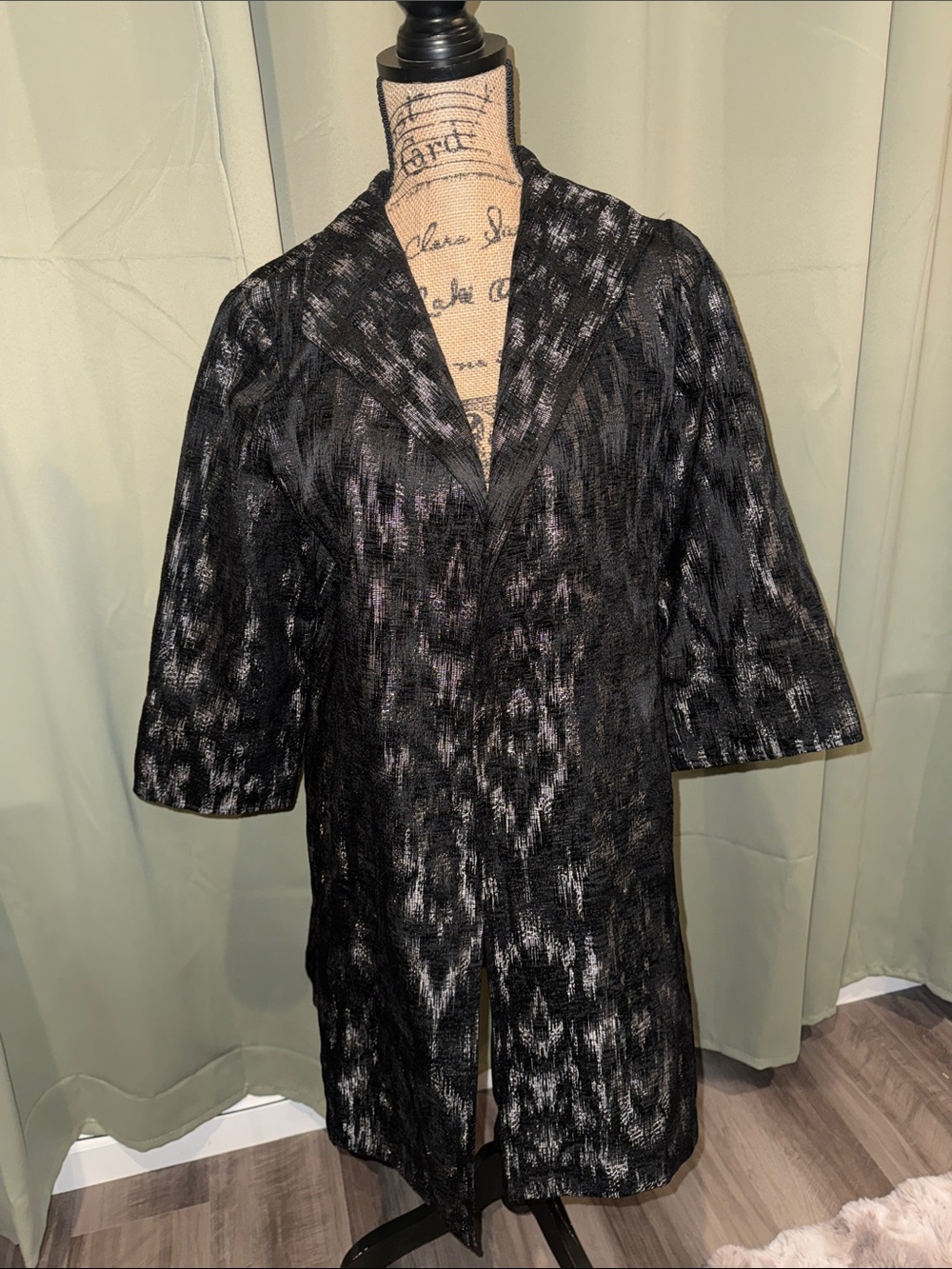 Eileen Fisher Black with Silver Metallic Knit Open Layer Jacket